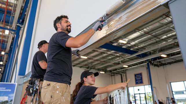 A painting and decorating family business works inside a large industrial warehouse space, parents rolling primer onto steel beams while a teenage child stirs a paint pot below, a donor stewardship 