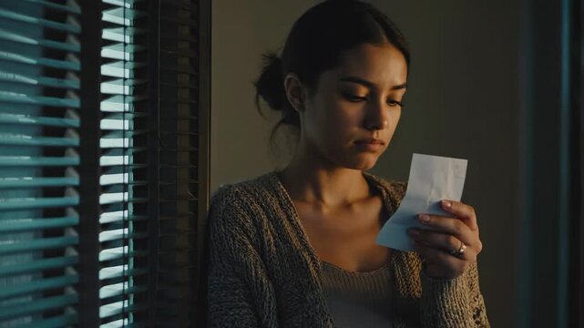 A young woman intently reading a piece of paper in a dimly lit room.