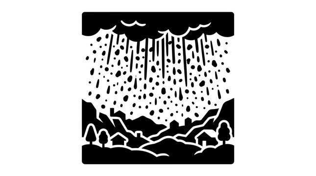Heavy rain or hail falling over mountain village.