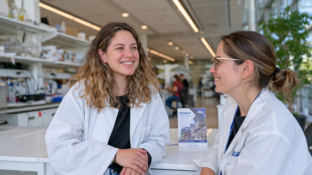 A pathology laboratory with warm overhead lighting stretches wide in an establishing shot, an end-of-life doula speaking softly to a pathology technician near specimen storage, a hospice brochure pl
