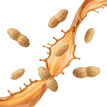 Fresh peanuts splashing in creamy peanut butter liquid flow
