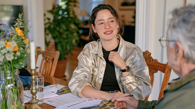 A railroad maintenance engineer in a high ceiling luxury townhouse dining room, surrounded by entrepreneur pitch materials spread across an antique table, elderly mentor across from her offering adv