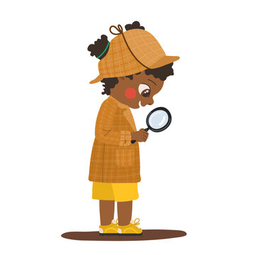 Cute Black child detective with magnifying glass and deerstalker hat vector character isolated on white