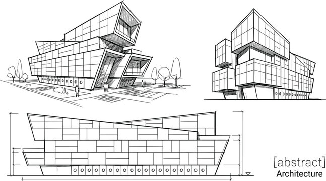 Futuristic commercial building concept sketch set showing deconstructivist perspective views and technical facade elevation layout design