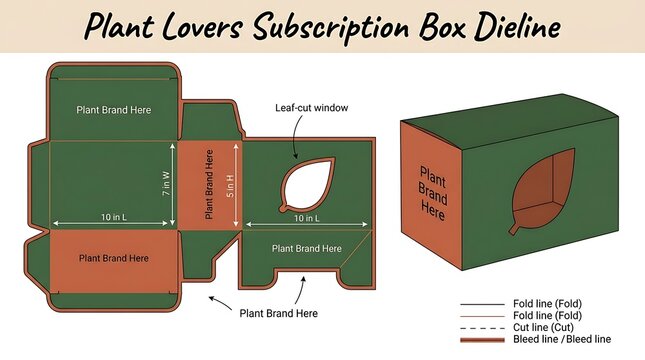 Subscription box packaging dieline template with leafcut window design