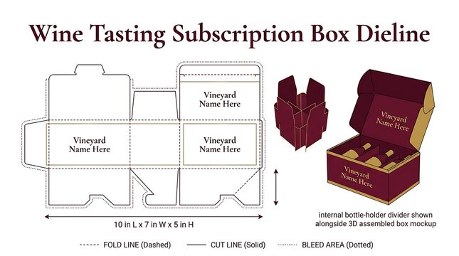 Wine tasting subscription box dieline template with 3d packaging mockup and dimensions