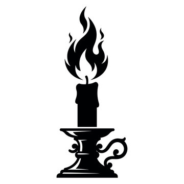 Black and white vector silhouette of a Christmas candle on a holder with a flickering flame, clean silhouette art.