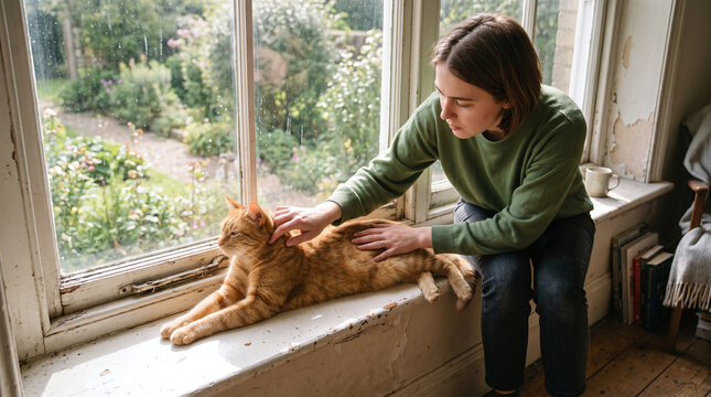Woman feeling cat neck and jaw for ticks on sunny windowsill