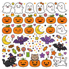 Naklejka premium Adorable Kawaii Halloween Decoration Set with Cute Ghosts, Pumpkins, Bats, and Cats