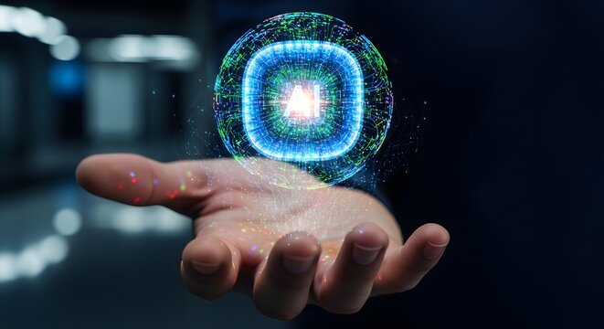 Artificial intelligence concept represented by glowing futuristic sphere held in human palm showcasing digital network connectivity data visualization innovation computing power growth science.