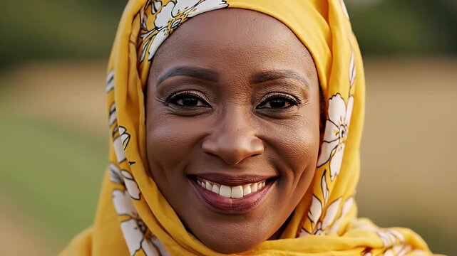 Joyful Black Woman Wearing a Yellow Floral Hijab Smiling Warmly Outdoors in Soft Natural Light