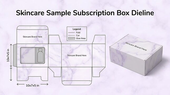 Skincare subscription packaging box dieline template with marble pattern mockup design