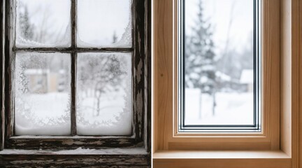 Fototapeta premium Old vs New Window Comparison Frost and Snow Winter View