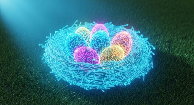 Colorful glowing Easter eggs in a nest on a dark blue background illustration
