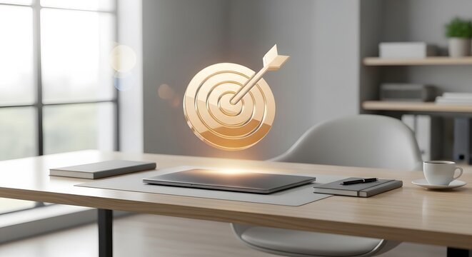 Golden target with arrow in center symbolizing business goals achievement success and strategic objective focus on office desk with laptop and notebook.