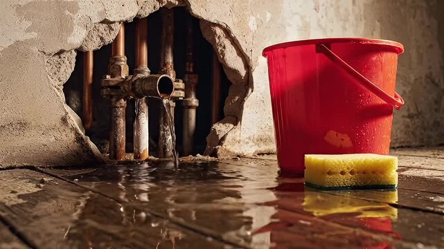 Leaking Water Pipes in Damaged Wall with Red Bucket and Sponge Ready for Cleanup