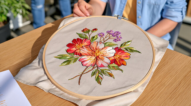 Embroidery hoop holding half finished floral needlework resting on a foley artist sound effects prop table in early morning mist studio, a diverse team of textile and audio professionals collaborati