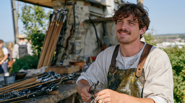 Fletcher's workshop in a quiet pastoral landscape, bundles of arrow shafts drying beside bowyer tools, a curly haired craftsman dyeing natural turkey feathers with plant extract, traditional archery