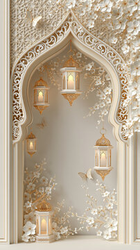Ornate Ramadan frame with hanging lanterns and floral details
