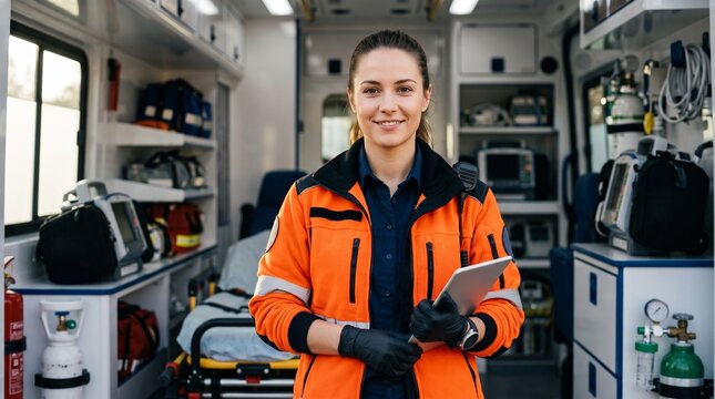 Professional Female Paramedic Inside Emergency Ambulance