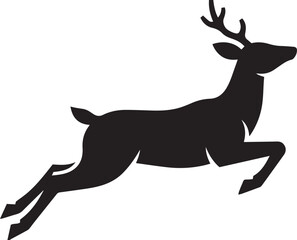 Fototapeta premium Black running deer vector silhouette isolated on white background, jumping reindeer illustration element