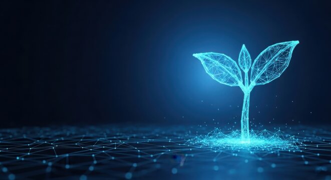 Glowing digital sprout growing from a futuristic technology network grid illustration