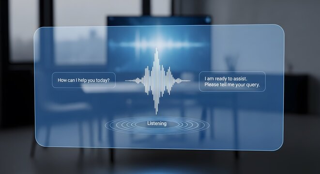 Voice assistant interface on transparent screen showing sound wave and text prompts in modern office setting with blurred background ready to assist user with queries.