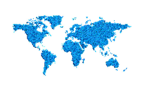 Digital World Map Hexagonal Pixel Pattern Vector Background Illustration Blue Color