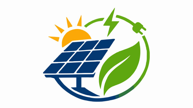 The image is a logo or emblem that represents the concept of renewable energy. It features a blue circle with a green leaf on the right side and a solar panel on a roof