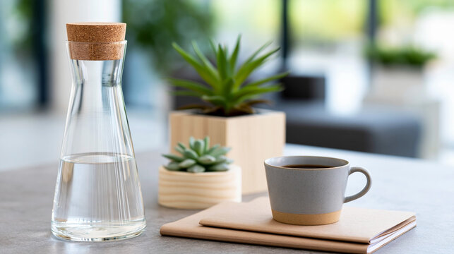 Glass water carafe with cork stopper beside a gray coffee cup, succulent plants in wooden pots, and a notebook on a light stone table in a modern interior setting