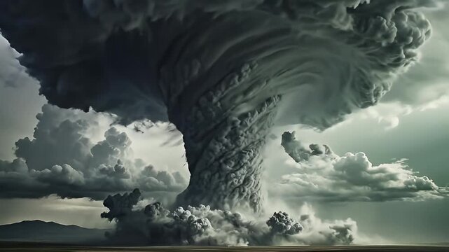 Massive Tornado Storm Formation with Lightning and Dark Dramatic Clouds over Barren Landscape