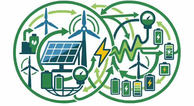 The image is a circular diagram that represents the concept of renewable energy. It is divided into two halves, with the left half representing a solar panel