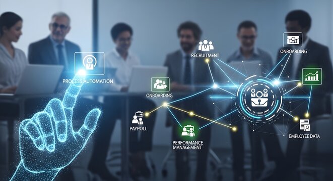 Abstract conceptual visualization of human hand interacting with digital network nodes representing automated recruitment and business payroll processes in professional office setting team members.