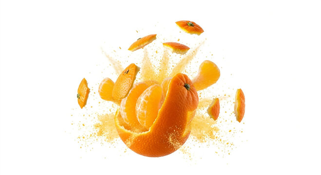 Exploding Mandarin Orange Segments and Zest Isolated on White Background