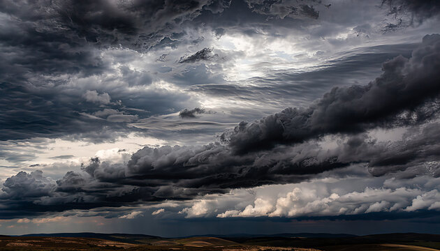 Dramatic dark storm clouds looming over rolling hills under an expansive moody atmospheric sky with displays vast landscape under turbulent dark sky filled heavy