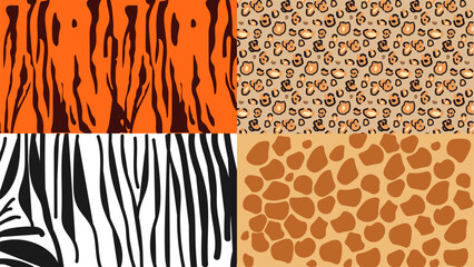 Naklejka premium Animal skin patterns featuring tiger stripes and leopard print collection of animal skin textures including tiger stripes and leopard spots zebra pattern giraffe spots wildlife texture fur design