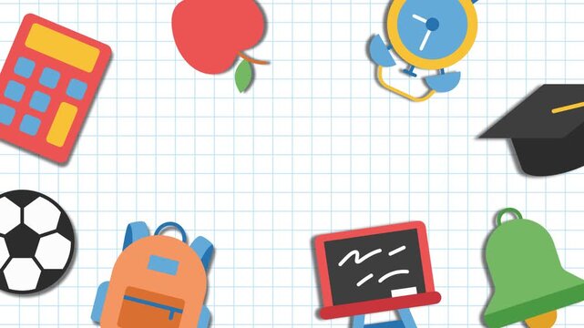 Colorful back to school background on grid paper with education supplies including backpack, calculator, apple, blackboard, and graduation cap for learning and classroom themes.