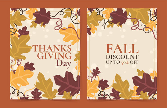 Thanksgiving and fall discount card templates with colorful leaves and elegant vector design