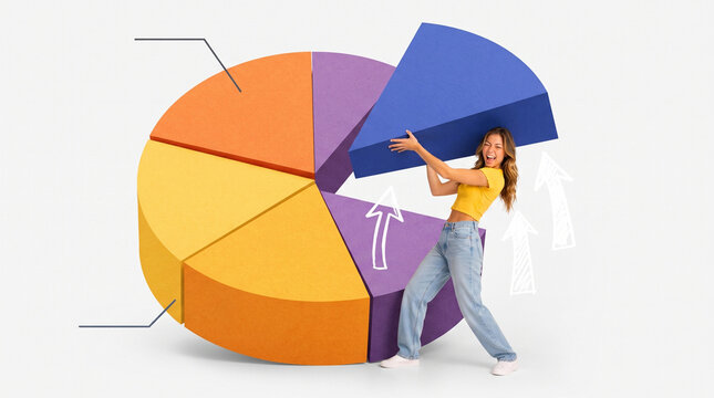 Caucasian woman presenting colorful exploded pie chart with upward arrows in bright conceptual business scene
