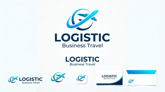 Blue logistic and business travel logo design with airplane globe symbols and brand identity mockup
