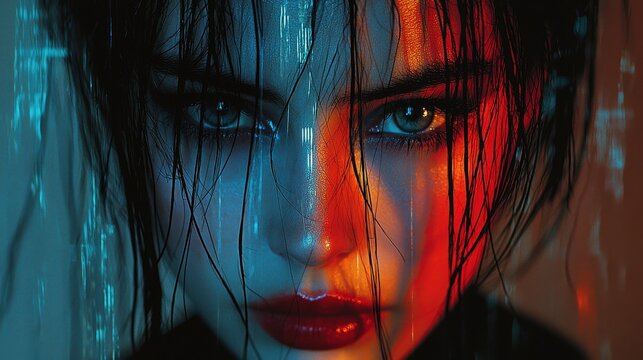 Mystical woman with wet hair and neon lights, futuristic portrait with intense gaze, red and blue reflections