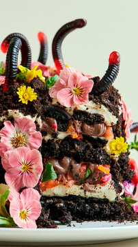 Dirt cake with chocolate layers, cream, cookie crumbs, gummy worms and colorful edible flowers creating a playful garden inspired dessert