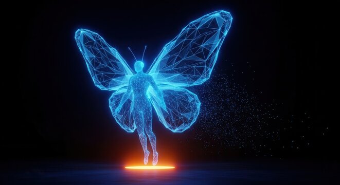 Digital human figure with glowing blue butterfly wings illustration