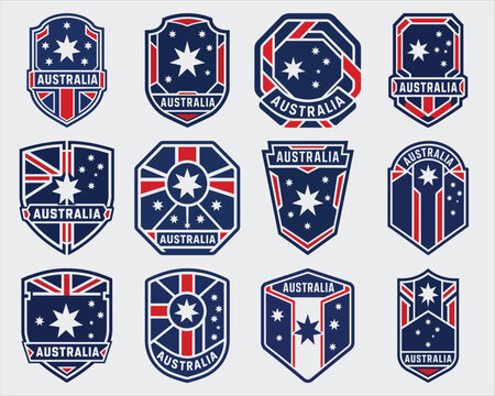 Australia flag badge set with shield emblems and stars vector icon collection