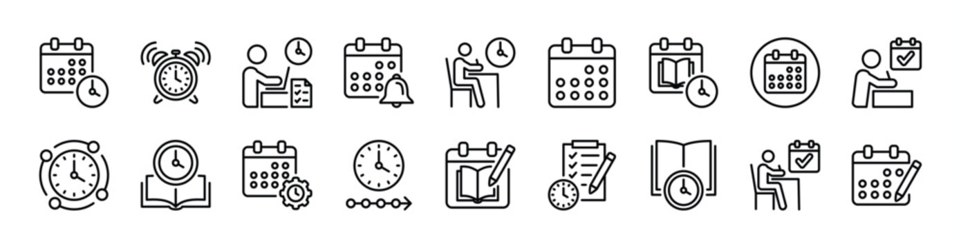 Timetable thin line icon set. Contains time, clock, schedule, calendar, alarm, deadline, timer, reminder, productivity management, planning, organization, duration, efficiency - vector illustration