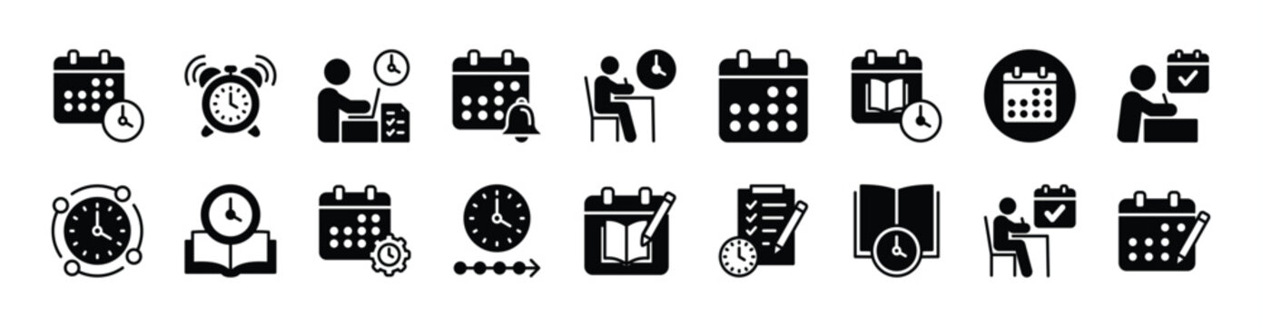 Timetable icon vector set. Contains calendar, time, clock, schedule, reminder, alarm, timer, deadline, productivity management, planning, organization, duration, efficiency - illustration