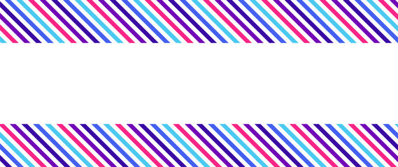 Obraz premium Horizontal banner template with decorative borders of colorful diagonal stripes and central white space for custom text; ideal for promotional flyers, invitations, and web headers.