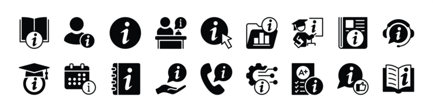 Information sign and communication technology icon vector set. Contains info, help button, faq, support, manual book, guide, service, inform, help desk, answer - illustration