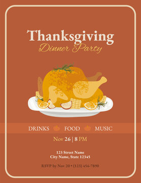 Thanksgiving dinner party invitation with roasted turkey food drinks music and festive fall design