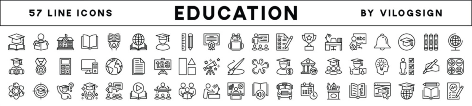 Education line icon set. Contains learning, school, book, study, online, student, cognition, graduation, workshop, technology, seminar, training, knowledge, skill, college, teacher, calculator